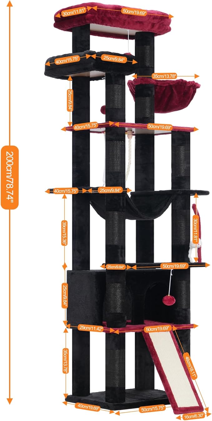 Heybly Tall Cat Tree, 78-inch Multi-Level Cat Tower for Indoor Cats, 2 Widened Plush Perches Cat Condo with Scratching Board and Big Caves, Black and Red HCT033BR