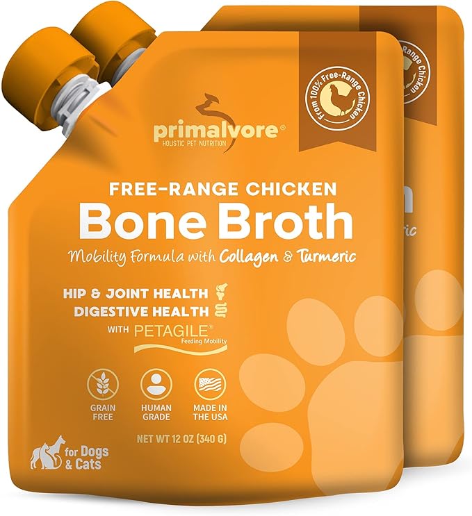 Primalvore Free-Range Bone Broth for Dogs &Cats, Mobility Formula w/Collagen Peptides to Help Support Hip & Joints, Digestion, Skin & Coat and Hydration, Human Grade, Made in USA. Chicken 2 Pack