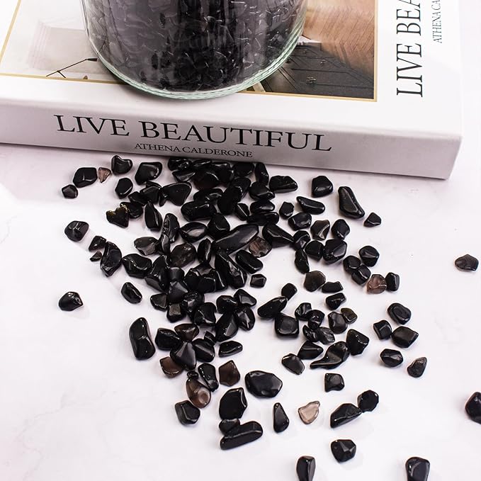 0.88 Lb Black Obsidian Natural Tumbled Healing Crystal Chips Bulk, Aquarium Gravel Rocks Stones Pebbles Fish Tank Marbles for Aquarium, Vase Fillers, Succulent Plants Decor
