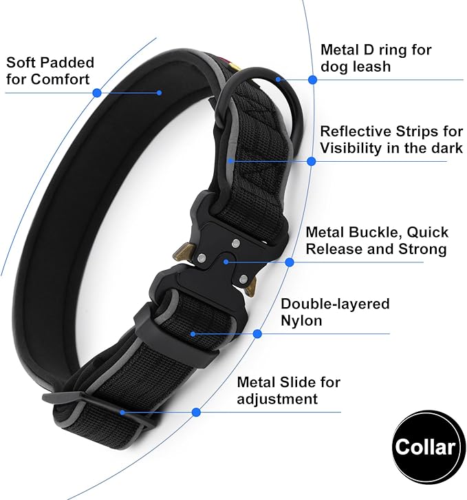 Plutus Pet Tactical Dog Collar, Reflective, Adjustable Heavy Duty Dog Collar, Soft Padded and Comfortable, for Small Medium and Large Dogs (Black, S)