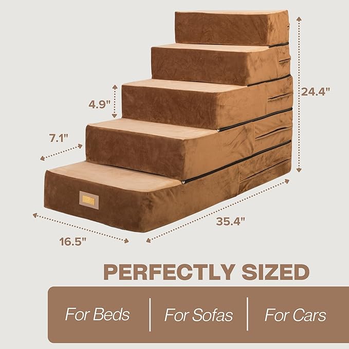 All-in-One Adjustable Dog Stairs – 5-Step Premium Pet Ramp for Small to Large Dogs – Sturdy, Non-Slip & Versatile for Beds, Sofas & More - Soft Cover, Modern Design (Brown)