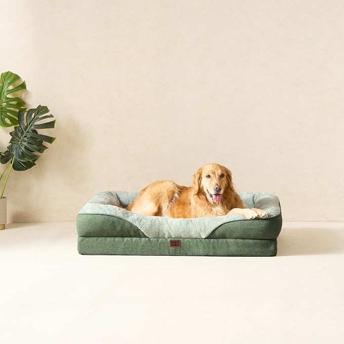 EHEYCIGA Memory Foam Dog Bed for Medium Size, Orthopedic Dog Sofa with Sides and Waterproof Liner, Washable Bolster Pet Couch with Removable Cover, 30x20x6.5 Inch, Green