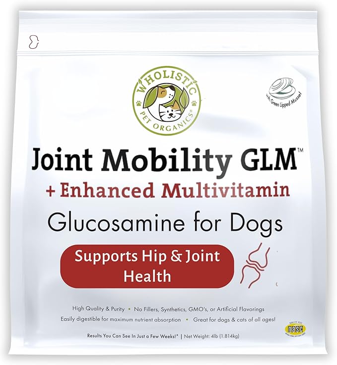 Wholistic Pet Organics Joint Supplement: Joint Mobility with Green Lipped Mussel Daily Joint Health Supplements for Dogs - Dog Glucosamine Powder with MSM, Probiotics, Vitamins, Minerals - 4 Lb