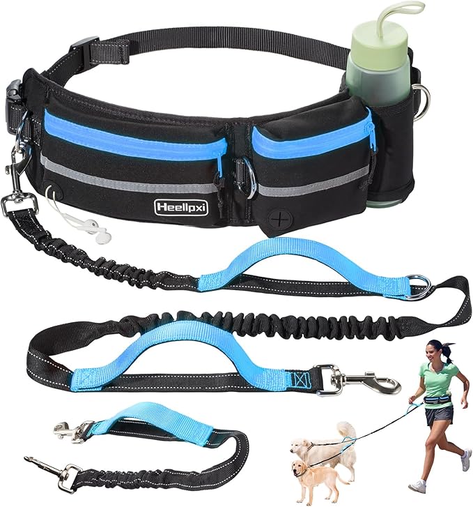 Hands-Free Waist Leash with Pouch for Two Dogs,Reflective Stitching, Dual Handle & Bungee Retractable Design – Ideal for Medium to Large Dogs (Blue) – Dog Walking Accessories