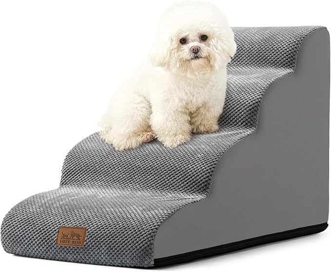Dog Stairs for Small Dogs 19.7" H, Curved Dog Step for Puppy, Older or Cat, Medium Pet Ramp for Sofa, Couch or Bed, Ladder with High Density Foam, 15.7x28.3x19.7 inch, 4 Step, Grey