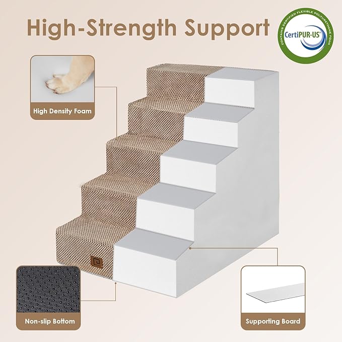 EHEYCIGA Dog Stairs for High Bed 25" H, 5-Step Extra Wide Dog Steps for Bed, Pet Steps for Small Dogs and Cats, Non-Slip Balanced Pet Ramp Indoor, Camel