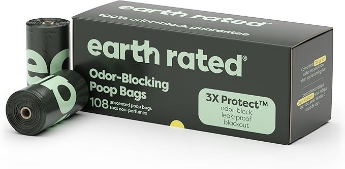 Earth Rated Odor-Blocking Poop Bags for Dogs with 3X Protect, Guaranteed to Block Smells & Leak-Proof Performance, Conceals Smell & Mess, Unscented, 108 Count
