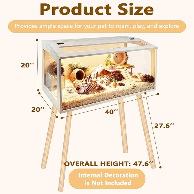 Prolee Hamster Cage Wooden Chew Proof, Extra Large Mice and Rat Habitat Openable Top with Acrylic Sheets Solid Built Small Animal Cage with Leg Stands, 40 Inch Long