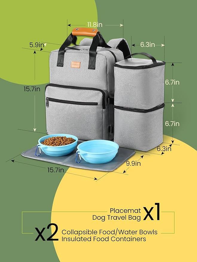 Dog Travel Bag, 25L Airline Approved Dog Travel Backpack for Pet Travel Accessories with 2 Food Storage Containers, 2 Foldable Bowls for Short Trips, Grey