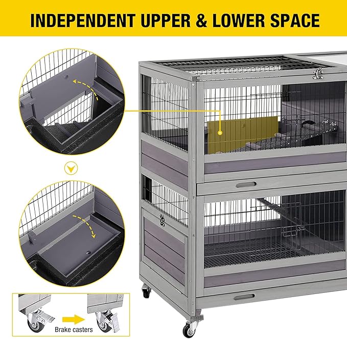 Rabbit Hutch Indoor Outdoor Bunny Hutch Pull Out Tray Guinea Pig Cage with Bottom Wire-Netting, On Wheels (Gery) 39.4" L x 24.6" W x 39" H