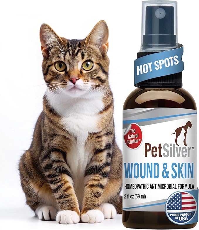 PetSilver Wound & Skin Spray for Cats - Chelated Silver, Superior to Colloidal Silver - Wound Care, Allergy & Itch Relief, Hot Spot Treatment for Cats - Natural Skin Soother - Made in USA - 2 fl oz