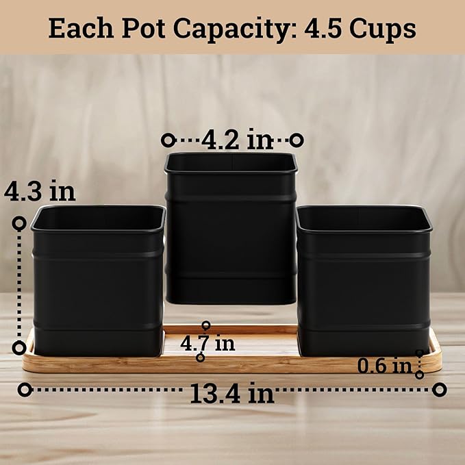 Herb Planter Indoor - 3 Iron Herb Pots with Drainage Holes, Varnished Bamboo Tray, Customizable Labels & Marker Pen - Indoor Herb Garden Planter - 3 Pots for Herbs - Inside Spice Garden - Basil Pot
