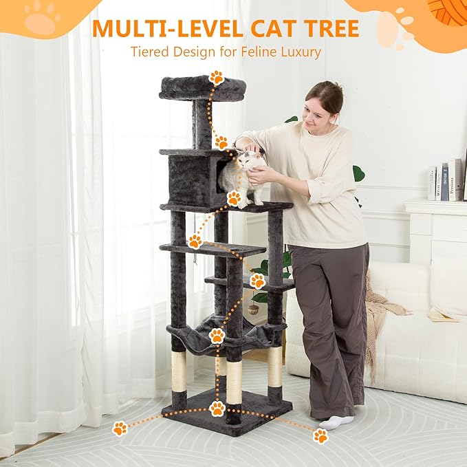 KITTY KINGDOM 65in Large Cat Tree Condo Furniture for Indoor Kitties, Multi-Level Cat Tower with 4 Scratching Posts, Cat Cave, Hammock, Perch & Reinforced Base, Plush Gray
