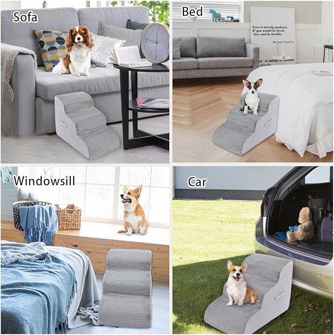 High Density Foam Dog Stairs Steps, 17.8’’ Non-Slip Extra Wide Deep Pet Steps for Beds Or Couches, for Injured or Older Pets Dogs and Cats with Joint Pain, 3-Tiers (Grey)