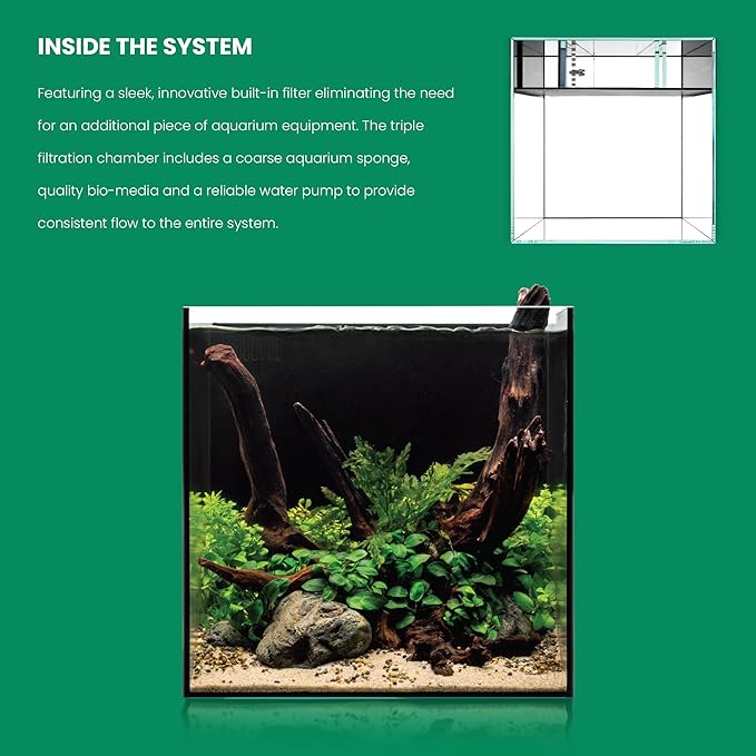 Ultum Nature Systems Dual AIO - Freshwater/Saltwater Compatible All in One Rimless Tank with Triple Chamber Filtration System, Integrated Filter Aquarium w/Leveling Mat - 7 Gallon, 30A, Black