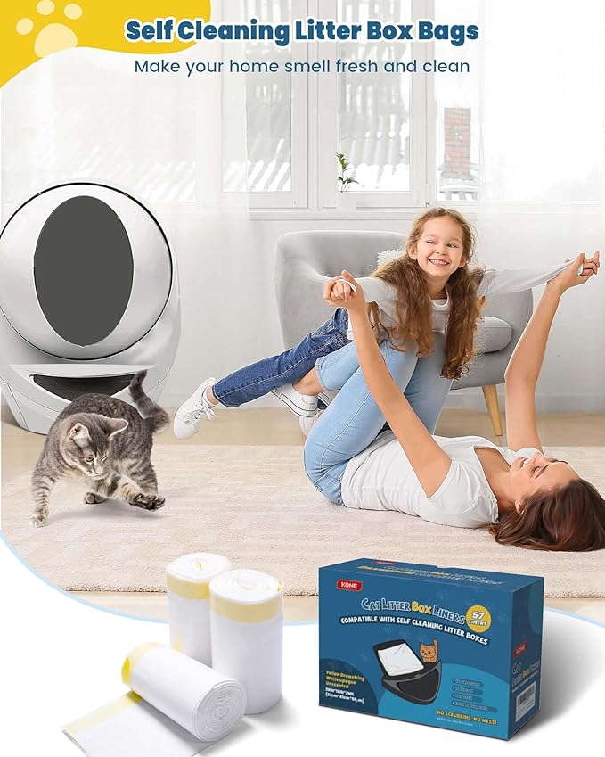 KONE Cat Litter Bags for Robot 3/4, 2 mil Thickened Drawstring Waste Drawer Liners Compatible with Most Self-cleaning Automatic Boxes - 57 Count Pet Kitten Poop Disposable Replacement Bag, 5-9 Gal