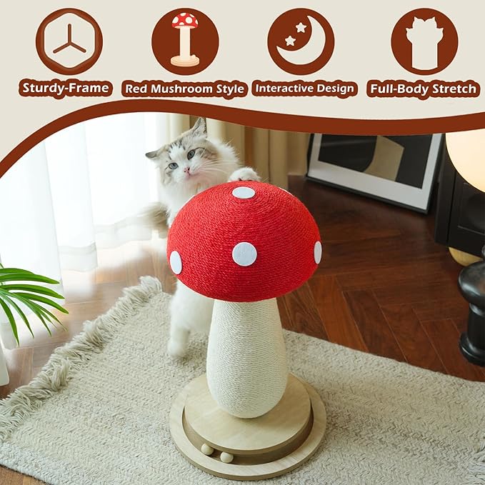 Cat Scratching Post Mushroom Cat Tree with Natural Sisal, Weighted Base & Interactive Ball - for Kittens to Adult Cats - Perfect for Indoor Cats (Red, Large 21 in, 7)