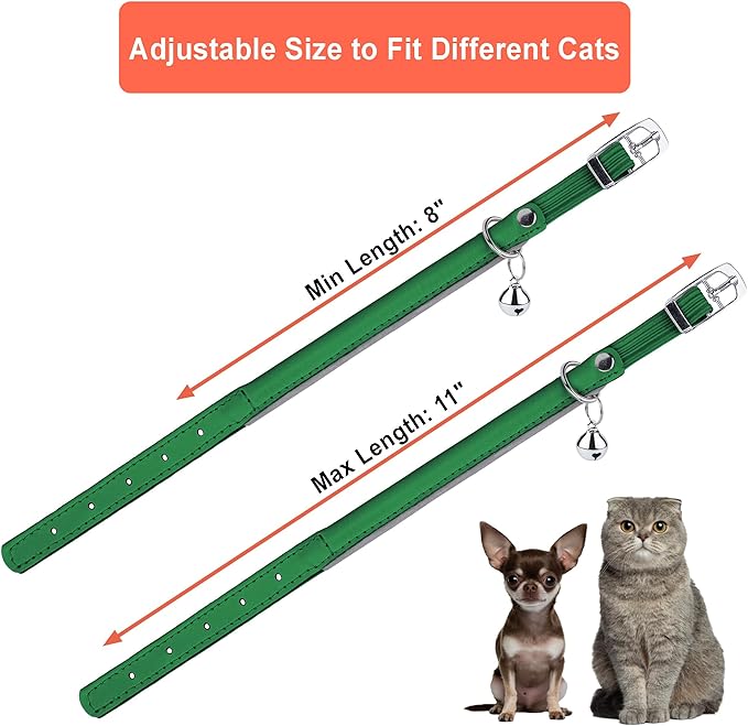 OOPSDOGGY Rolled Leather Cat Collar with Bell, Reflective Kitten Collars with Buckle Include Safety Elastic Strap - Adjustable Small Pet Collars for Boy Girl Cats (Green)