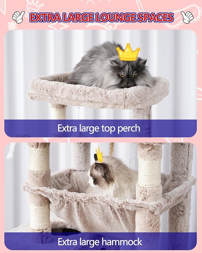 Cat Tree, Cat Tower for Large Cats with 2 Big Platforms, 2 Baskets, condo and Toys, 63" Cat Scratching Posts for Indoor Cats, Muchroom GCT020MU