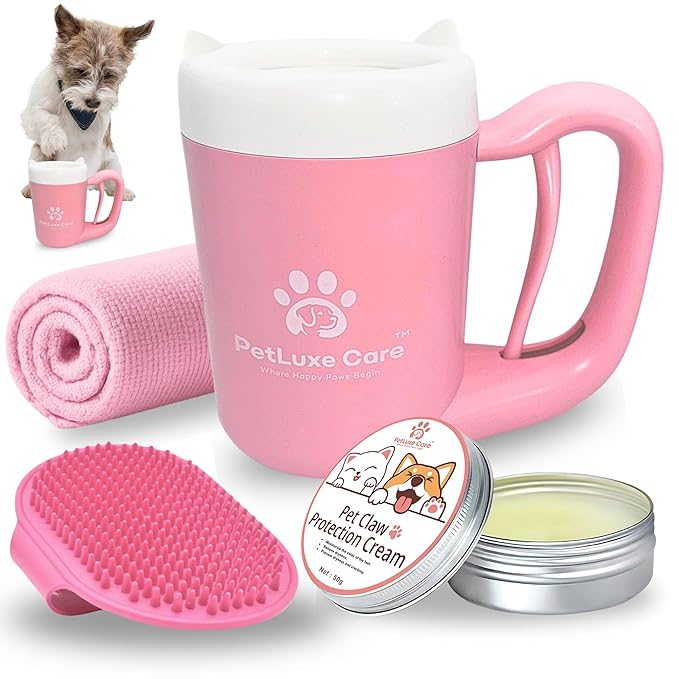 Dog Paw Cleaner for Small & Medium Dogs – Portable Paw Washer Cup with Soft Silicone Brush, Towel & Moisturizing Balm – Gently Cleans Muddy Paws After Walks (Pink, Small)