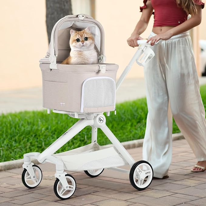 TT Lightweight Pet Stroller for Small Dogs & Cats - 4-Way Installation Carrier, One-Hand Fold, 180° Canopy Cover & Adjustable Handle (Beige)