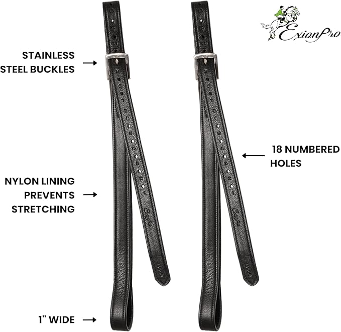 Exion FlexiStrong Stirrup Leathers for English Saddles – 1" Premium Calfskin with Nylon Core – Numbered Holes, Stainless Steel Buckles – Black/Brown – Horse Riding Gear (48"/120cm to 62"/155cm)