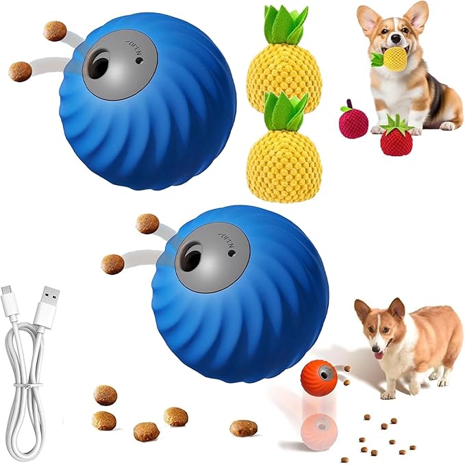 Zoomie Buddy 2.0, Zoomie Buddy for Dogs, 2 in 1 Smart Touch Interactive Dog Balls ＆ Pet Feeder, 2.83" Diameter, Suitable for Small/Medium Dogs, with Fruit Plush Cover (2*Blue, Pineapple)