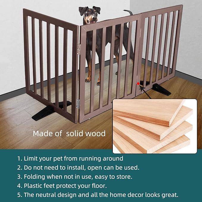 ZJSF Freestanding Indoor Dog Gate for House Foldable Wood Puppy Gate for Doorways Pet Gate for Stairs Extra Wide Pet Fence, Brown, 24" Height 3 Panels