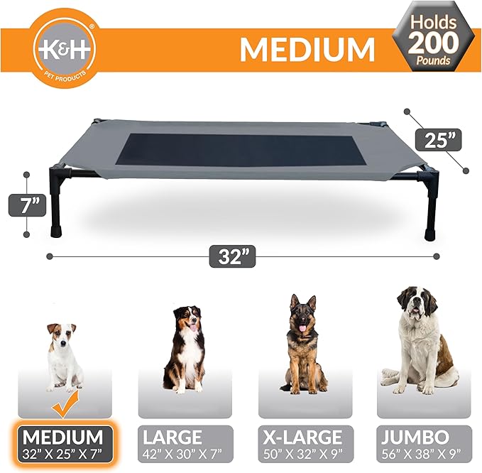 K&H Pet Products Outdoor Elevated Dog Cot, Breathable Cooling Elevated Cot Hammock Pet Bed for Medium Dogs, Washable Mesh Cover, Raised Metal Frame, Collapsible, Portable - Medium 32 X 25in Gray