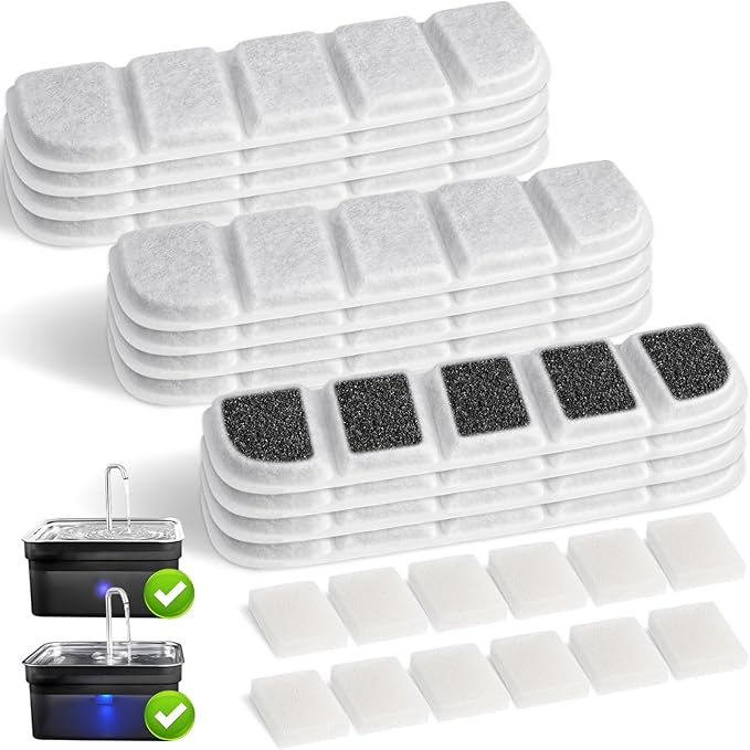 12 Pack Replacement Filter for SIBAYS & Kastty 355oz / 2.8Gal / 10.5L Large Dog Water Fountain, Coconut Shell Activated Carbon Pet Water Fountain Filters with 12 Pack Sponges
