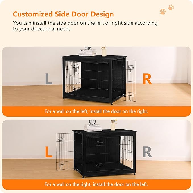 DWANTON Dog Crate Furniture with Cushion, Wooden Kennel Table with Double Doors, Indoor Dog House, Large Size, 38.5" L, Black