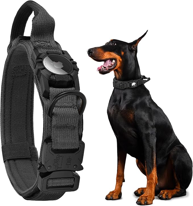 Tactical AirTag Dog Collar - Heavy Duty, Adjustable GPS Collar Compatible with Apple AirTag, with Holder & Control Handle for Medium/Large Dogs [ Black, XL ]