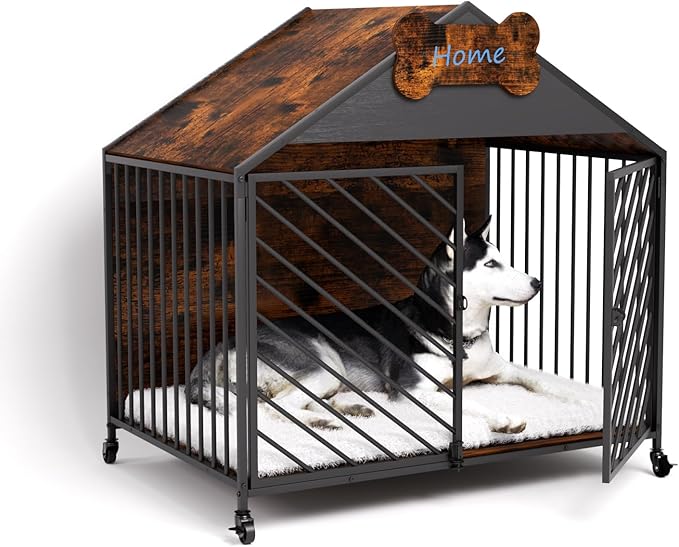 Furniture-Style Dog Crate with Gable Roof Design, Double Locking Doors Indoor Kennel for Small & Medium Dogs, Chew-Proof Escape-Proof Dog Cage, Rustic Brown