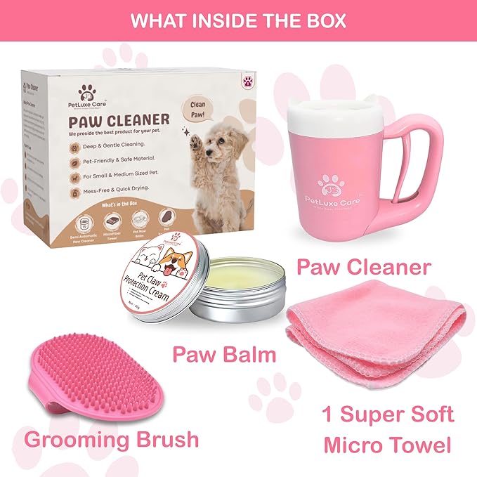 Dog Paw Cleaner for Small & Medium Dogs – Portable Paw Washer Cup with Soft Silicone Brush, Towel & Moisturizing Balm – Gently Cleans Muddy Paws After Walks (Pink, Small)