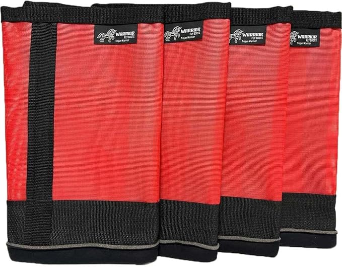 Warrior Fly Boots for Horses - Breathable Mesh Horse Boots for Fly Protection & Leg Comfort - Set of 4 (Trojan Warrior, Red)