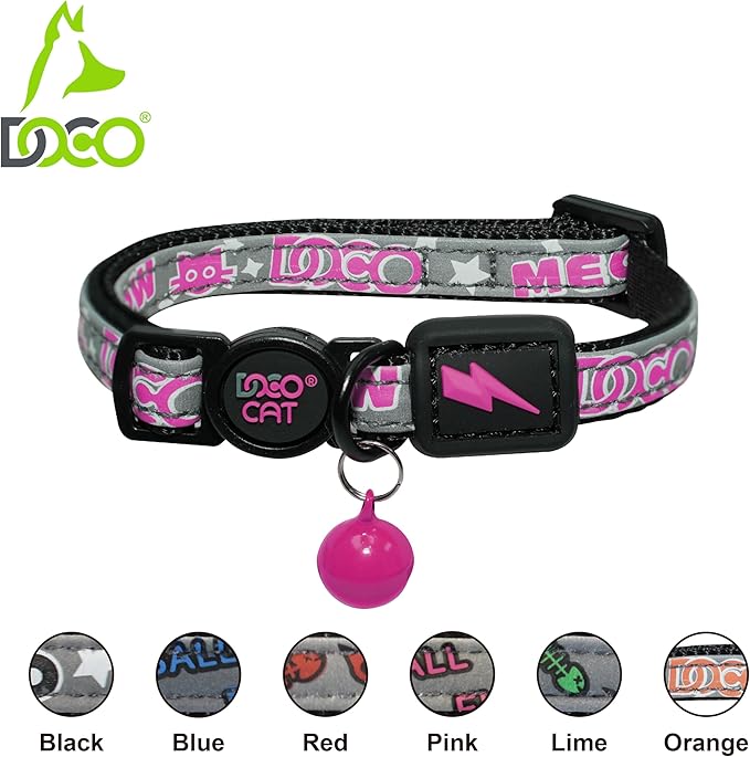 DOCO Cat Collar (Neck Girth - 3/8" x 7.5-12", Weight Upto - 13lb) Reflective Cat Collar with Bell, Breakaway Safety Buckle, Adjustable Nylon Strap for Kittens & Adult Cats (Red)