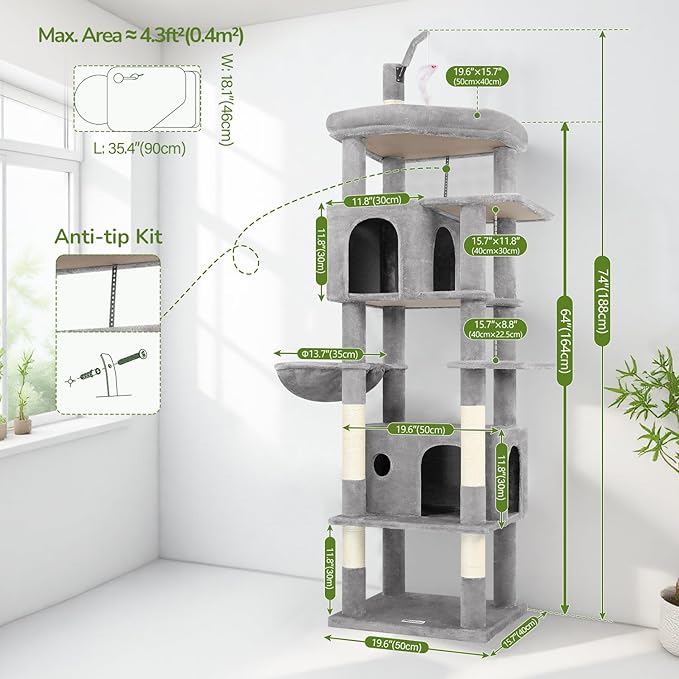 Globlazer Large Cat Tree Tower, Tall Cat Tree Condos for Indoor Cats Large Adult Cat Climbing Tower with 2 Spacious Caves, Oversized Top Perch, Big Hanging Basket, Cat Teaser Wand, F74B, Light Grey