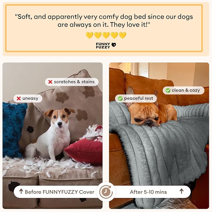 FUNNY FUZZY Pet Couch Cover for Sofa, Calming Dog Bed for Couch, Fluffy Plush Dog Couch Mat for Furniture Protector for Large Medium Small Dogs and Cats, Mist Grey