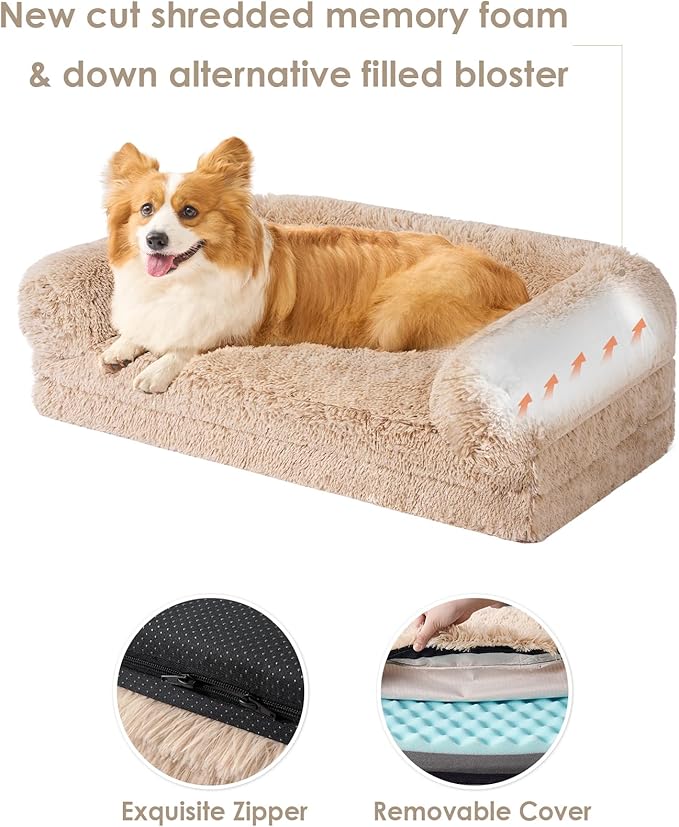 EHEYCIGA Foldable XL Dog Bed, Faux Fur Fluffy Pet Couch Bed for Large Dogs, Orthopedic Calming Memory Foam Big Pet Bed, Washable Soft Pet Sofa Bed with Non-Slip Bottom, Camel, 46"x34"x6.5"