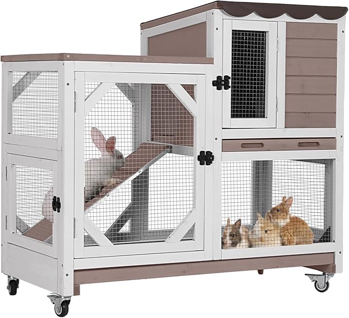 Aivituvin Rabbit Cage Indoor Outdoor Bunny Hutch on Wheels, 2 Story Wood Guinea Pig Cages with 2 Deeper Pull Out Trays
