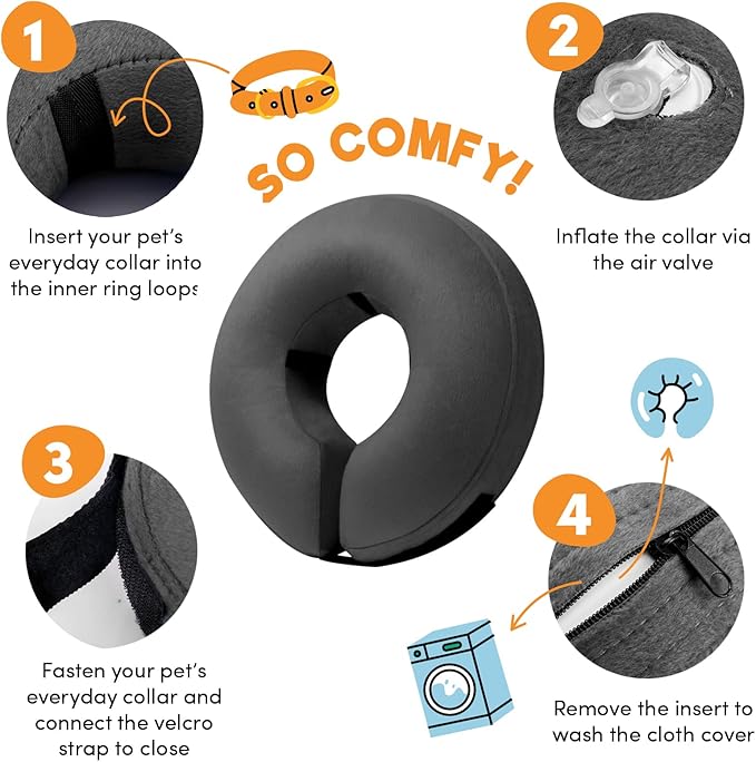 BENCMATE Inflatable Dog Cone Collar Alternative, Soft Dog Cone for Small Medium Large Dogs and Cats, Neck Recovery ECollar Donut Collar After Surgery (Large, Dark Grey)