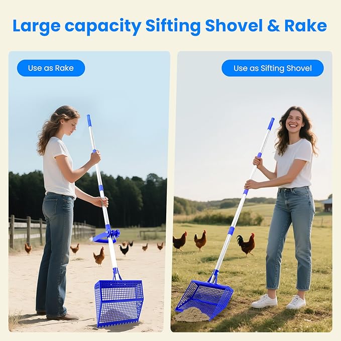 Chicken Poop Scooper Rake 2-in-1, Metal Shovel Head Chicken Coop Accessories, Adjustable 304 Stainless Steel Handle, Litter Scooper Sand Sifting for Chicken Coops Small Farm Animals(36" to 62")