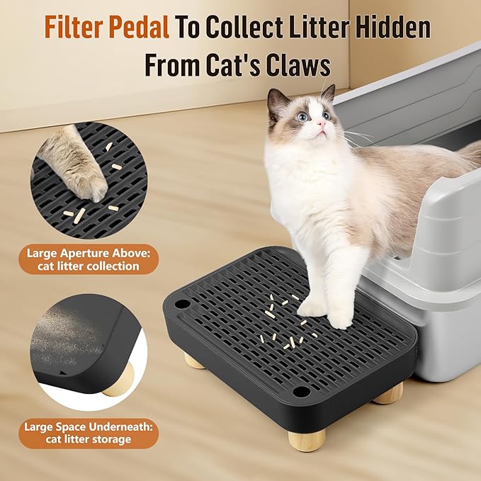 Cat Litter Box Step Ramp, Cat Litter Catcher Mat with Wooden Feet, Filter Function, Cat Pedal Stool for Self-Cleaning Cat Litter Box, Ideal for Kitten & Elderly Cats (Black)