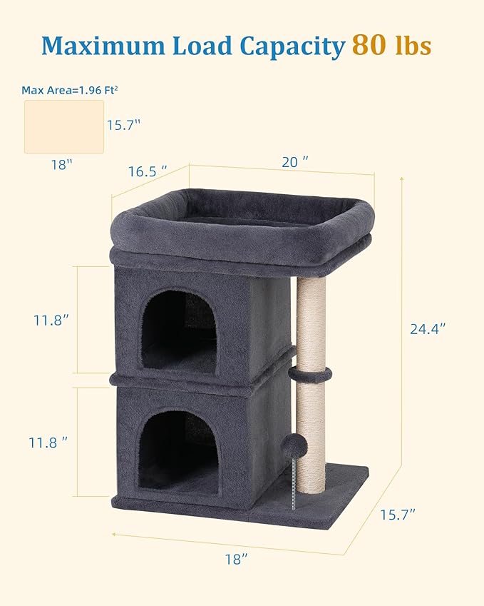 24in Cat Tree Tower with Scratching Post, 19 * 16.5in Window Perch for Large Cats, 2 Cat Condo Cubbies for Indoor Kittens, Dark Gray