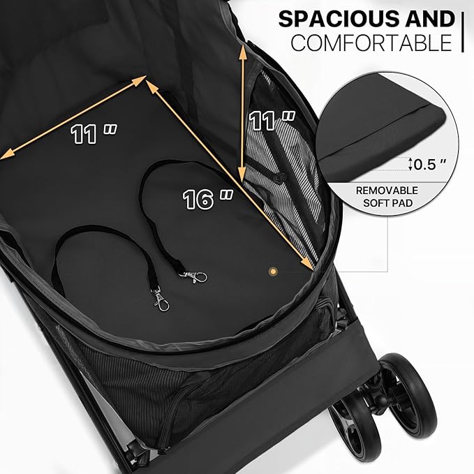 MoNiBloom 4 Wheels Pet Stroller, Easy-Fold Puppy Cage Jogger Stroller with Sun Cover, Pad and Rear Storage Bag, Breathable and Visible Mesh for Small/Medium Pets up to 22 lbs, Black