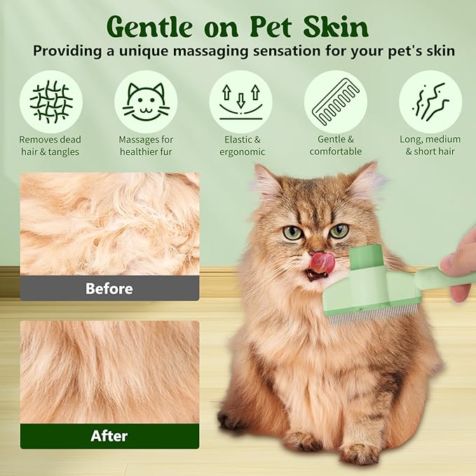 Pet Hair Removal Comb Flea Comb, 2025 New Cat Grooming Brush with Release Button, De-Shedding Cat Brush for Short and Long Hair Cats (Yellow+Green)