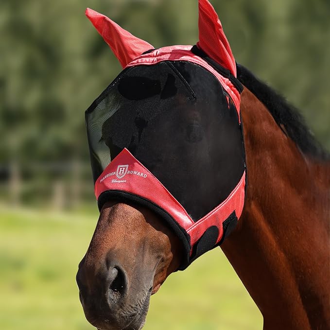 Harrison Howard Pro Luminous Horse Half Face Fly Mask Large Eye Space with Ears UV Protection for Horse Coral Orange M