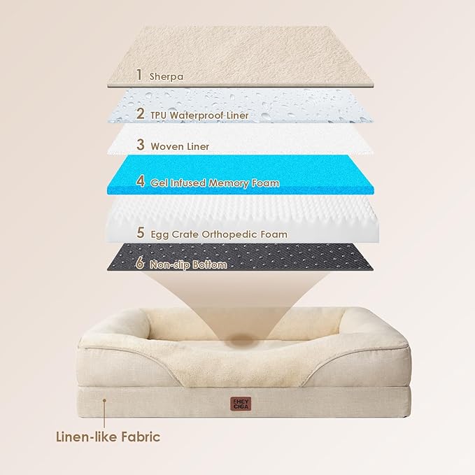 EHEYCIGA Memory Foam Dog Bed for Large Sized, Orthopedic Dog Sofa with Sides and Waterproof Liner, Washable Bolster Pet Couch with Removable Cover, 41x27x7.5 Inch, Beige