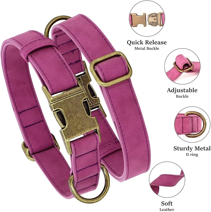 Didog Soft PU Leather Dog Collar, Stylish Quick Released Dog Collars for Medium Dogs, Easy Clean Adjustable Pet Collar for Daily Walking, Purple, M Fit 13-21" Neck