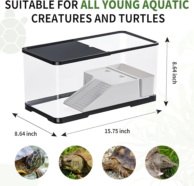 (Tank + Light + Filter + Filter Balls) Turtle Tank Kit, Turtle Tank Starter Kit,Bottom Drainage, Multi-Function Areas for Turtles, Crabs,Fishes, Amphibians,Reptiles.(15.75 x 8.64 x 8.64 Inch)